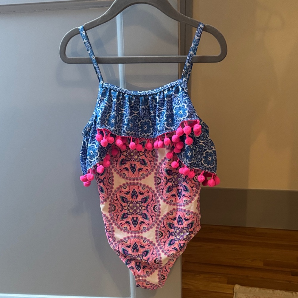 Nicole Miller Girls Blue and Pink Pom-Pom One Piece Swimsuit